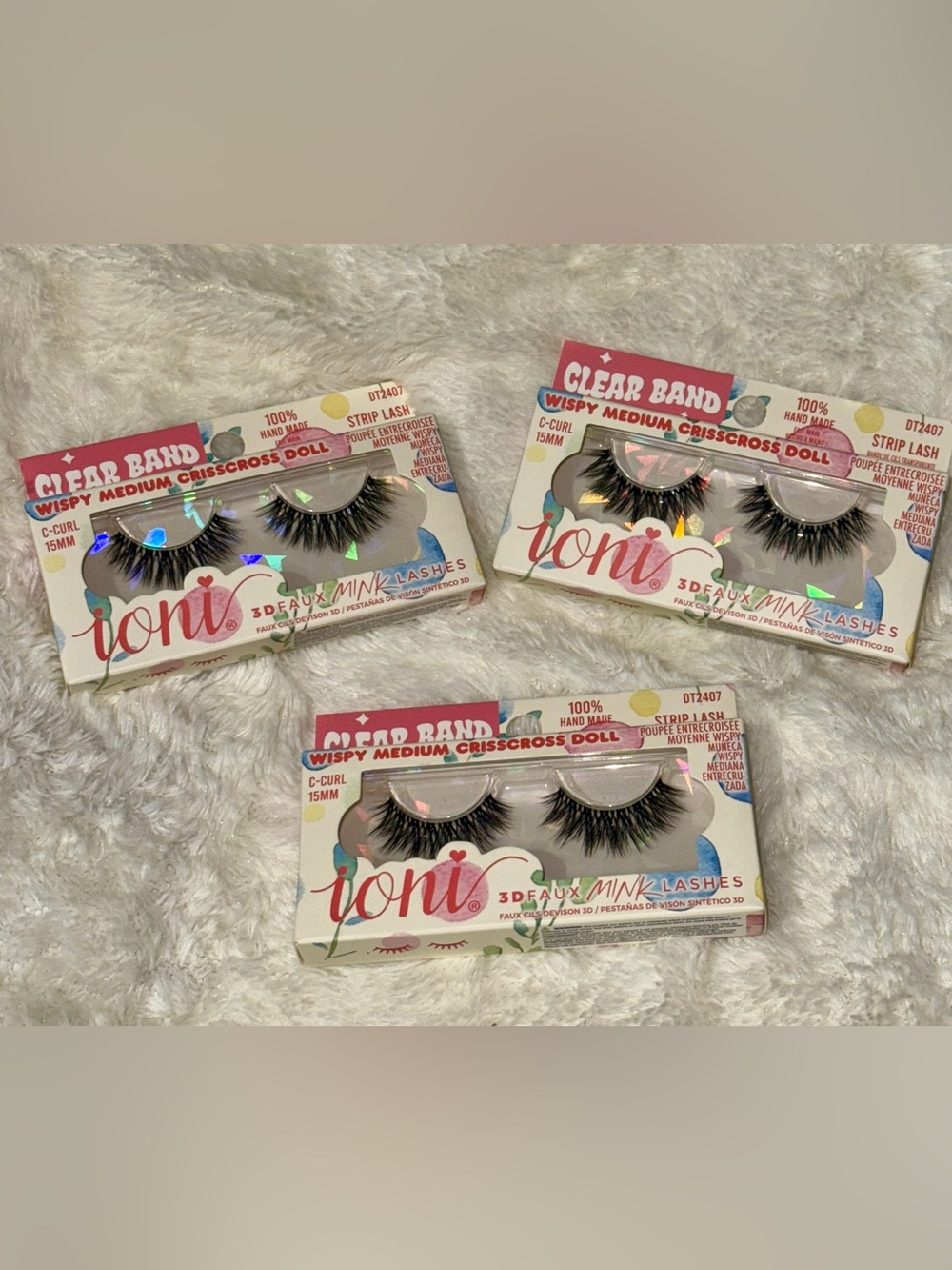 Set of 3 Ioni Wispy Medium Crisscross Doll Clear Band False Eyelashes - Black